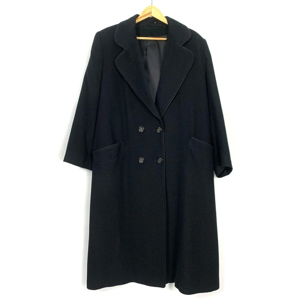 Camel Hair Black Double Breasted Trench Full Length Pea Coat - Picture 2 of 16